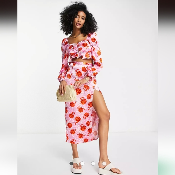 Topshop co-ord rose animal split midi skirt in Pink‎ Size 6 - Picture 1 of 13